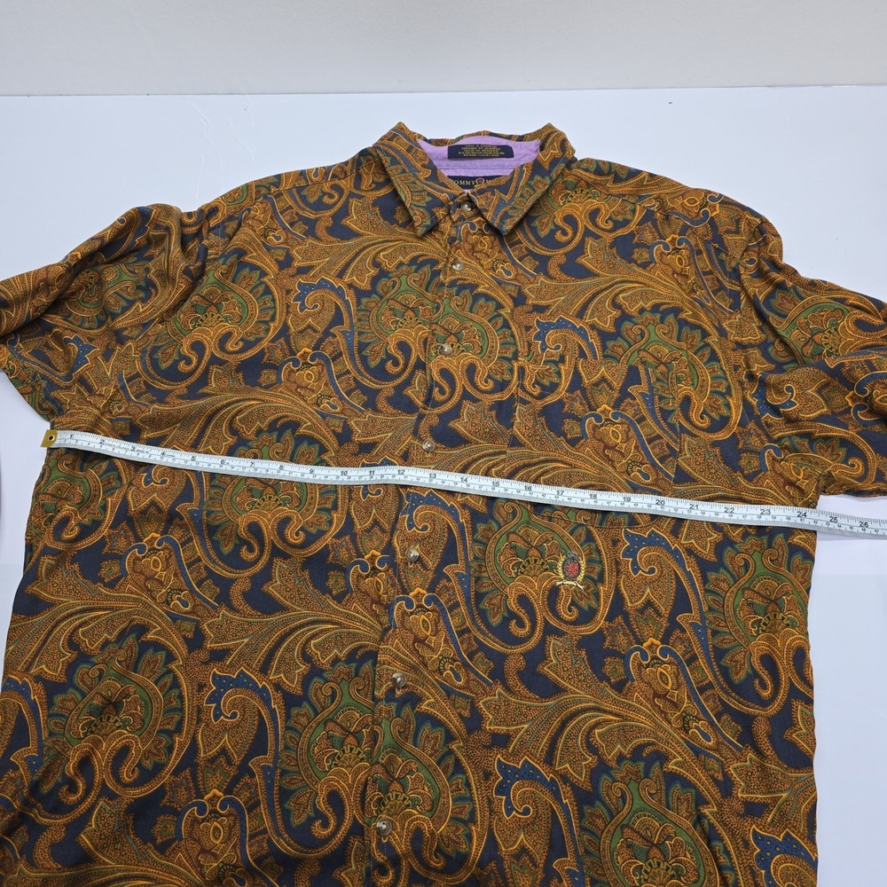Tommy Hilfiger Mens Large Paisley Button Down Shirt Gold Blue Rayon Wool Blend - Picture 6 of 7
